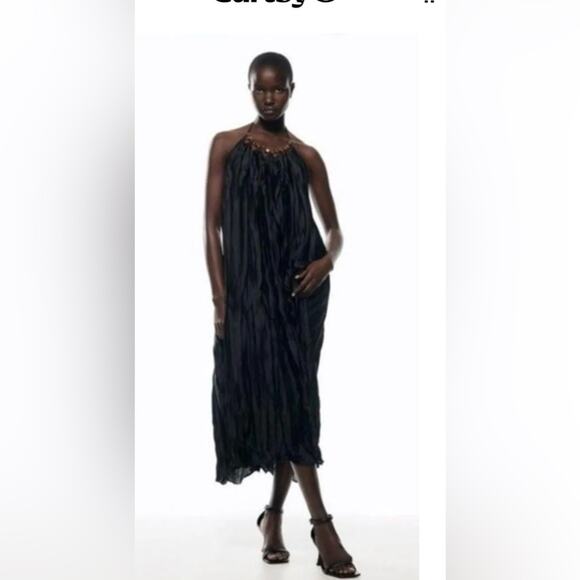 Zara Black Halter Midi Dress NWT Size Medium - Picture 2 of 7